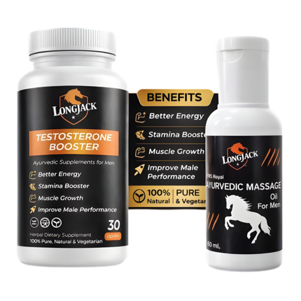LongJack+ Herbal & Stamina Booster | Energy Booster 30 Capsules And 50Ml Ayurvedic Massage Oil For Men (Combo Offer)